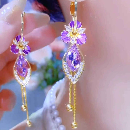 18K Gold Plated Purple Crystal Flower Diamond Earrings